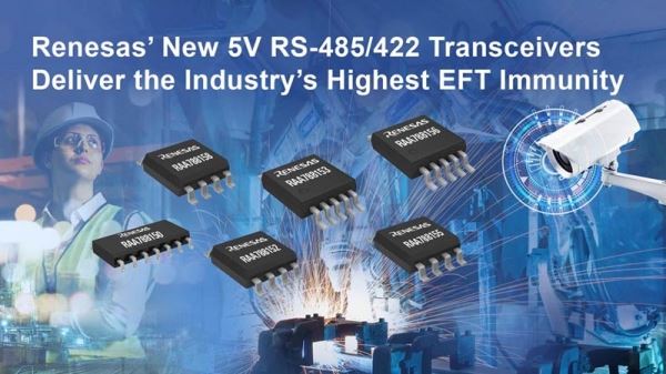 Renesas представляет семейство 5-вольтовых приемопередатчиков RS-485/422 с лучшей в отрасли устойчивостью к быстрым переходным процессам